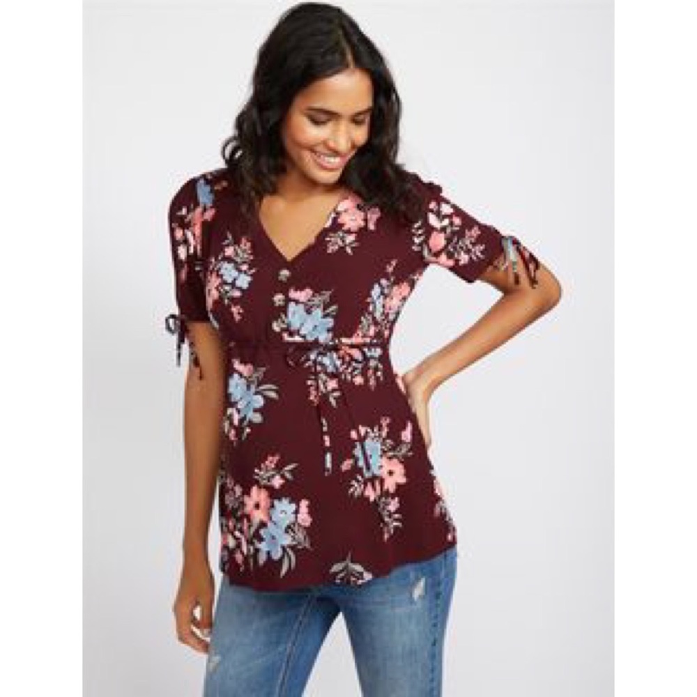 Burgundy Floral Maternity Shirt
